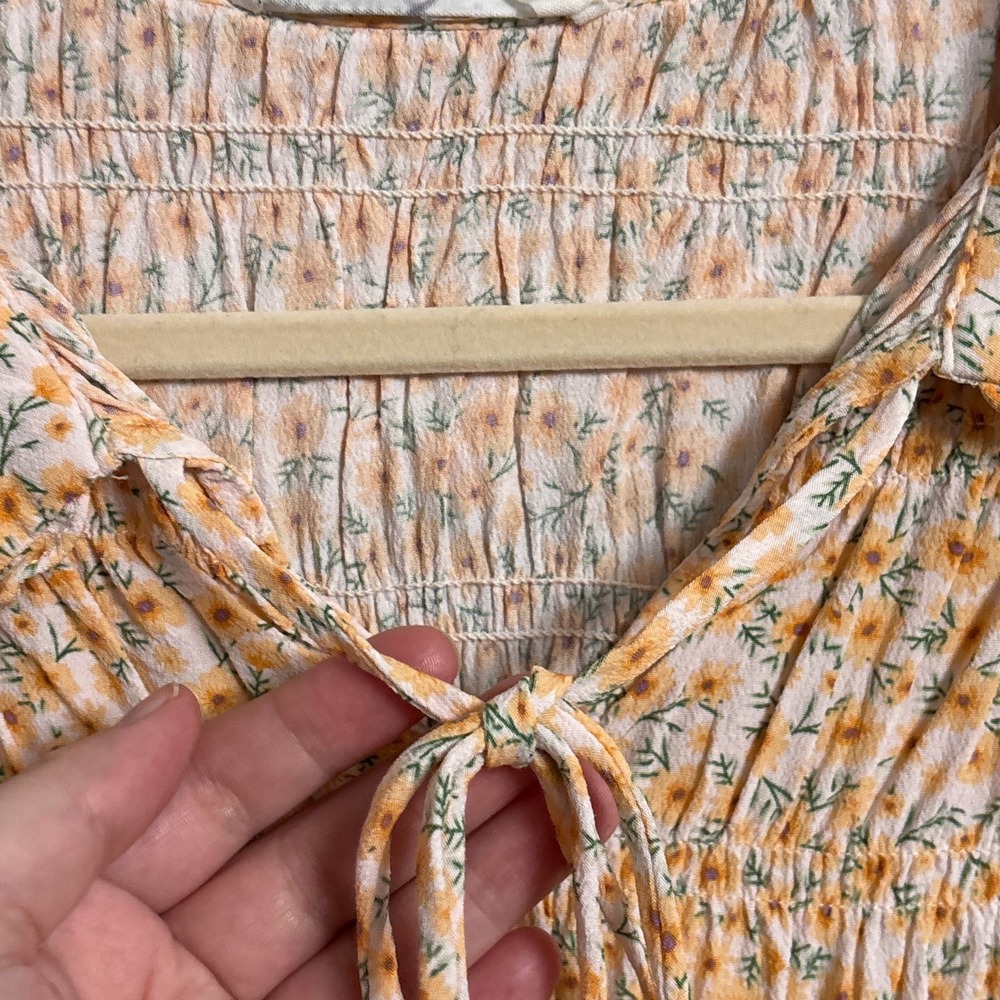 Elodie Top M Orange Yellow Floral Smocked Ruffle Collar Tie Crop Boho Cottage - Picture 7 of 10